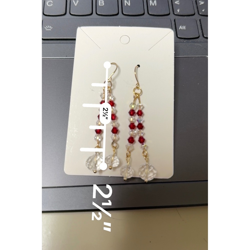 Red Clear Crystal Beaded Double Strand Dangle Earrings Gold Tone 2.5 Inch Drop - Picture 3 of 3